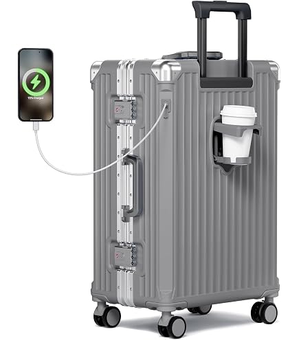 Amazon.com: 隨身行李附旋轉輪,8010S 鋁製框架無拉鍊聚碳酸酯硬殼手提